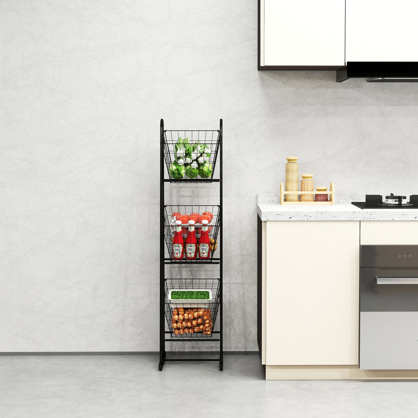 Black wire kitchen cart with three tiers holding fresh produce ketchup bottles and onions