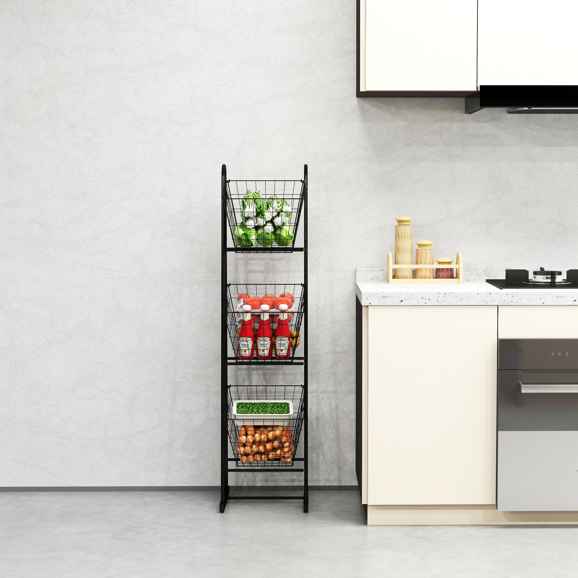 Black wire kitchen cart with three tiers holding fresh produce ketchup bottles and onions