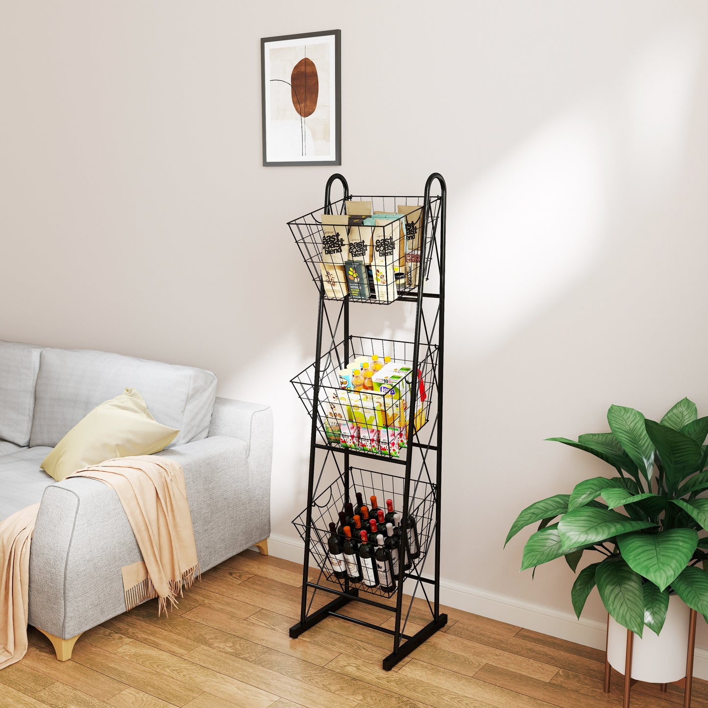 Black metal tier wire basket shelving unit filled with coffee bags and juice boxes