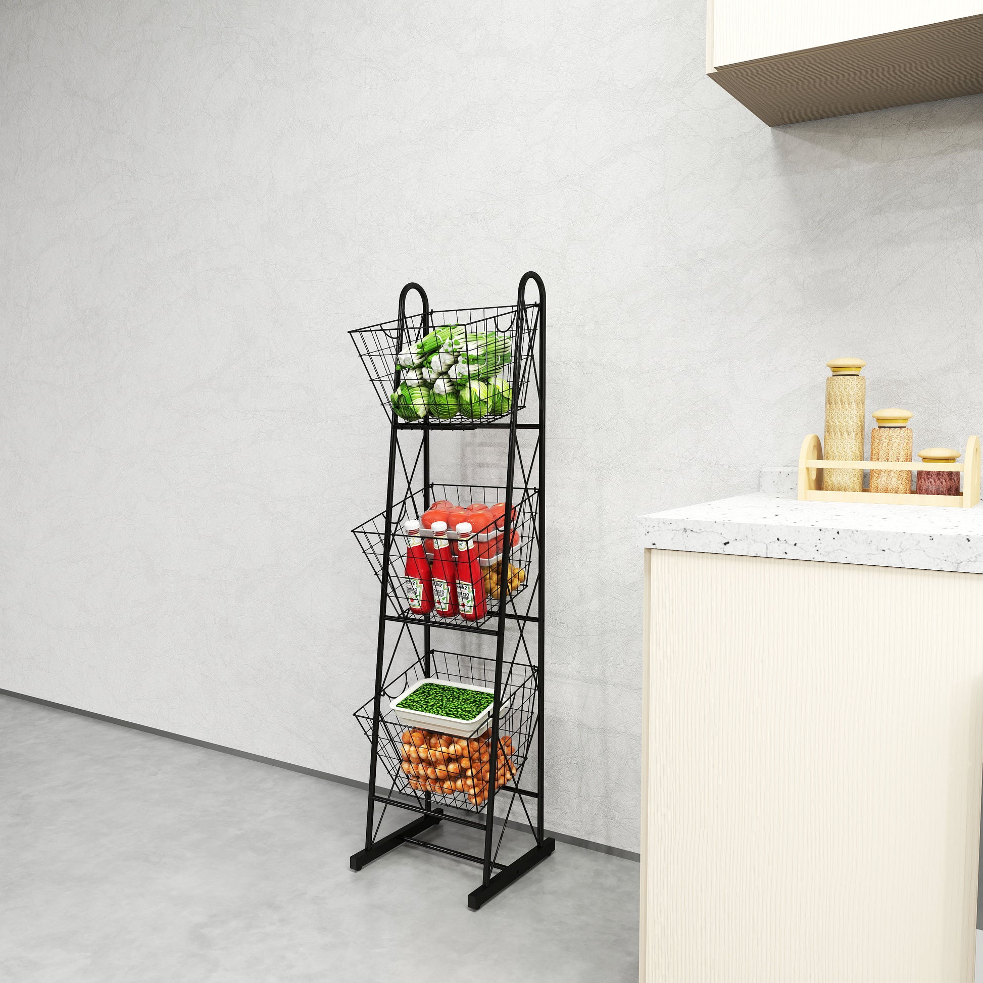 Black metal tiered produce basket with cabbages