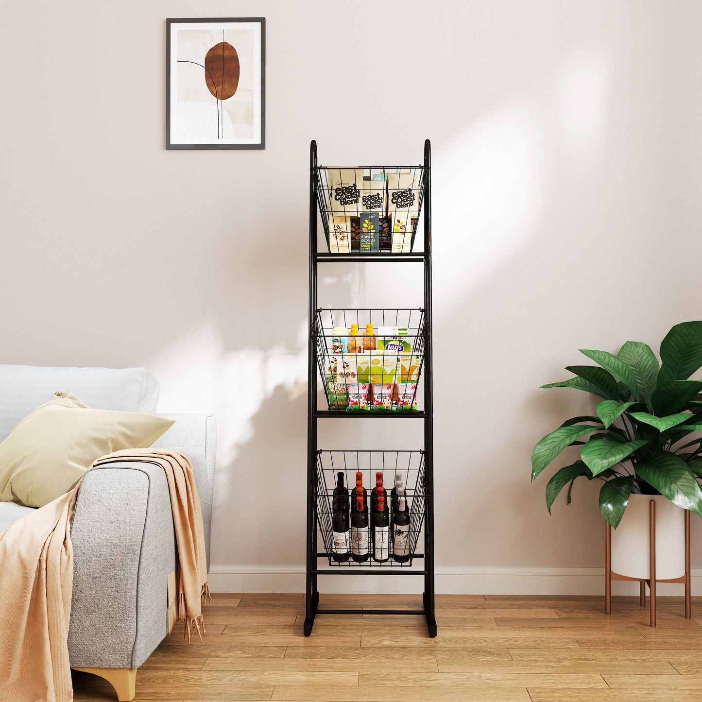 Black metal tier rolling cart with pantry items and wine bottles