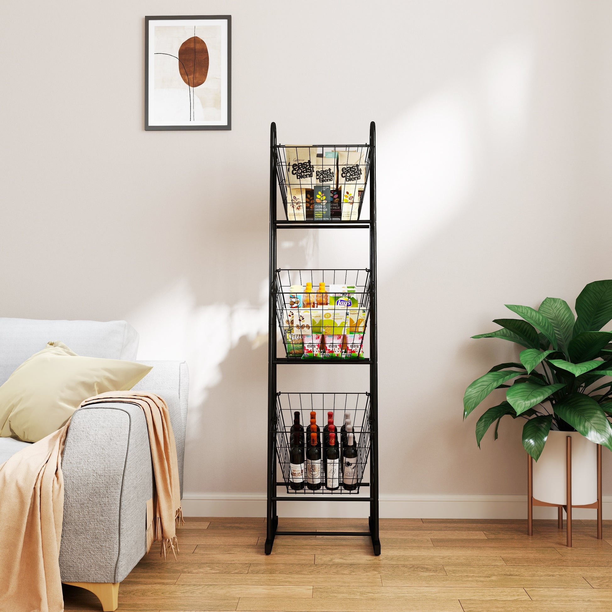 Black metal tier rolling cart with pantry items and wine bottles