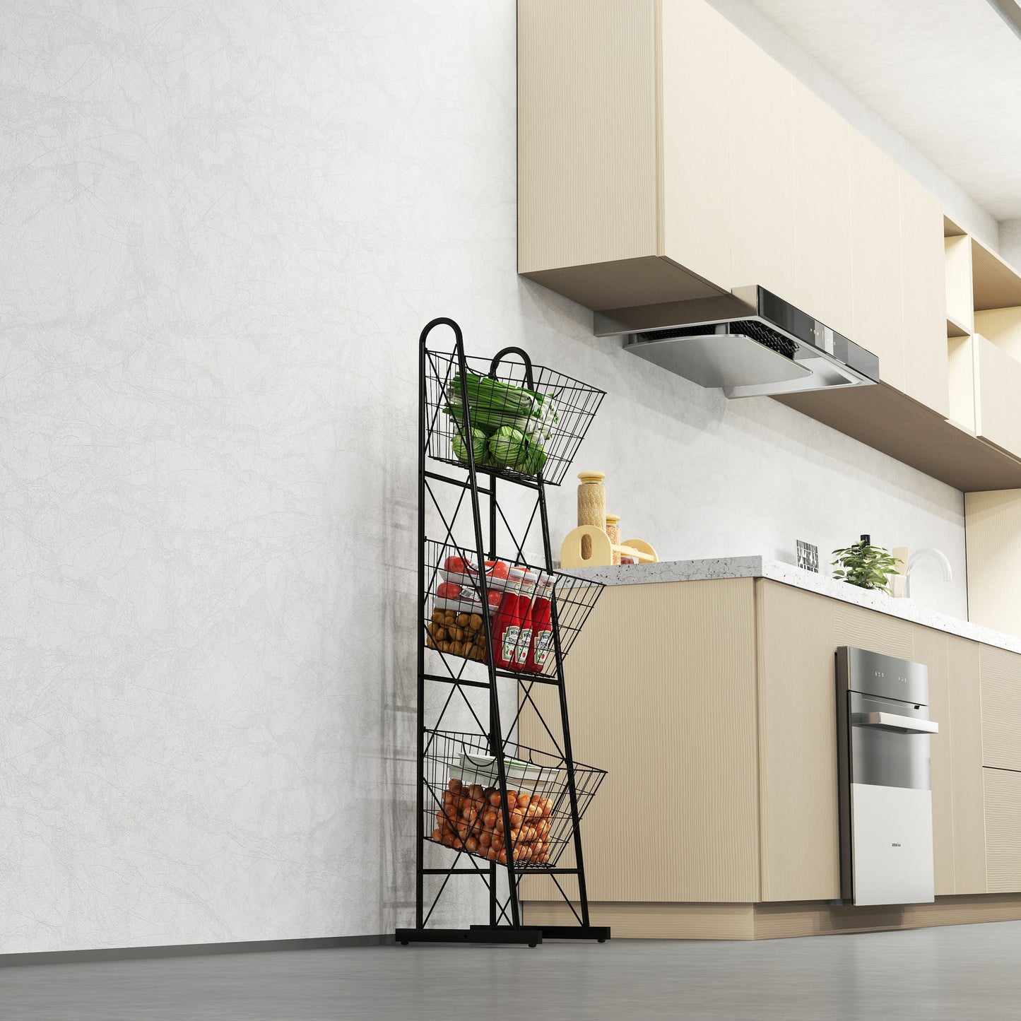 Black metal threetier rolling storage cart with vegetables