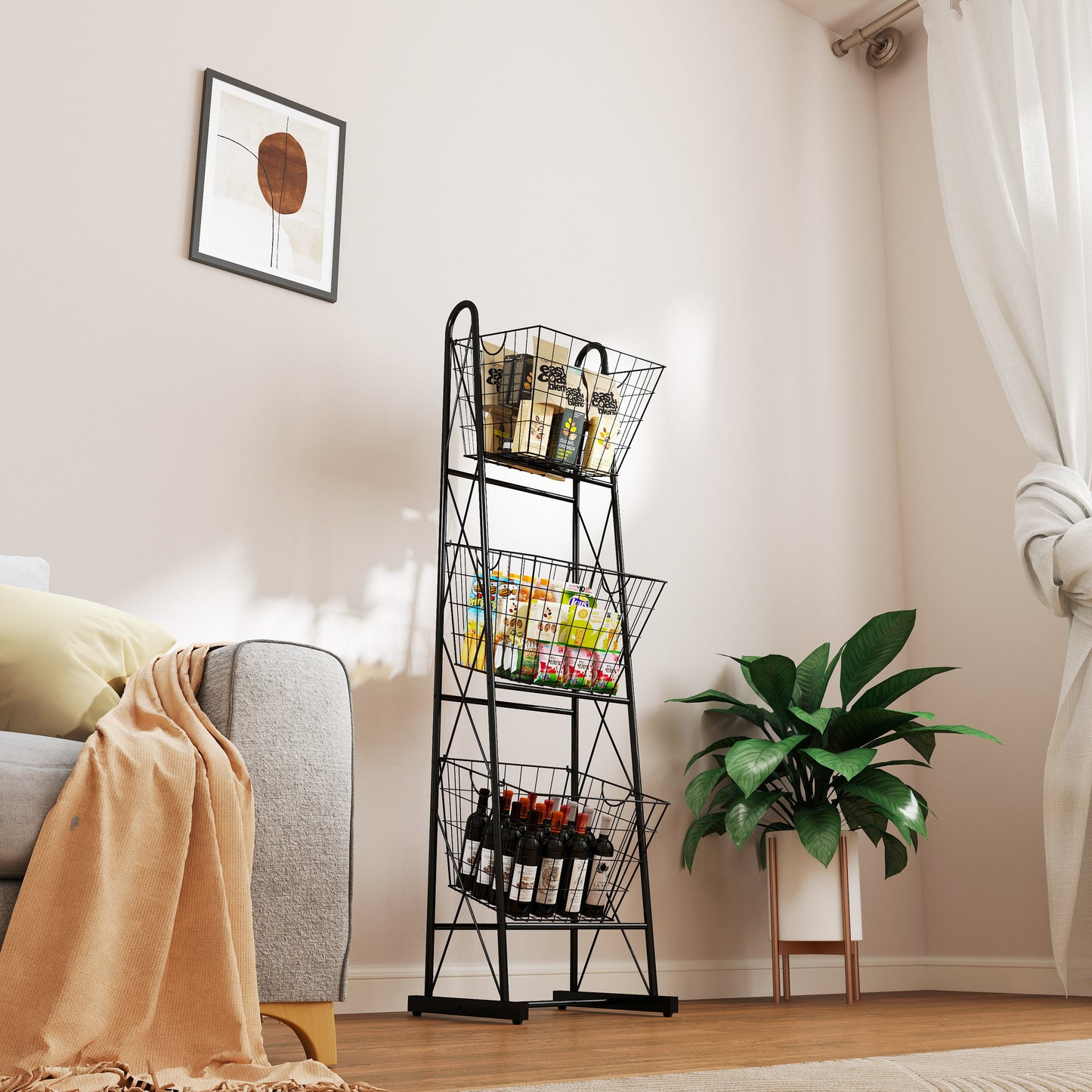 Black metal tier rolling cart with wire baskets storing snacks and bottles