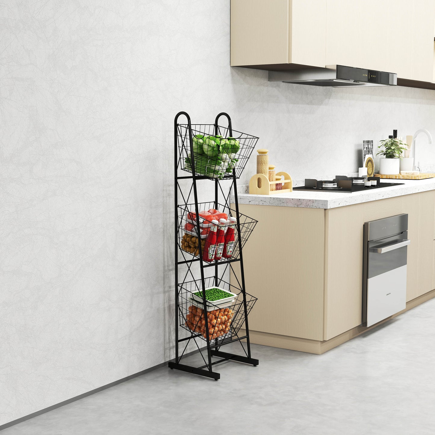 Black tier metal wire produce basket with wheels for kitchen organization