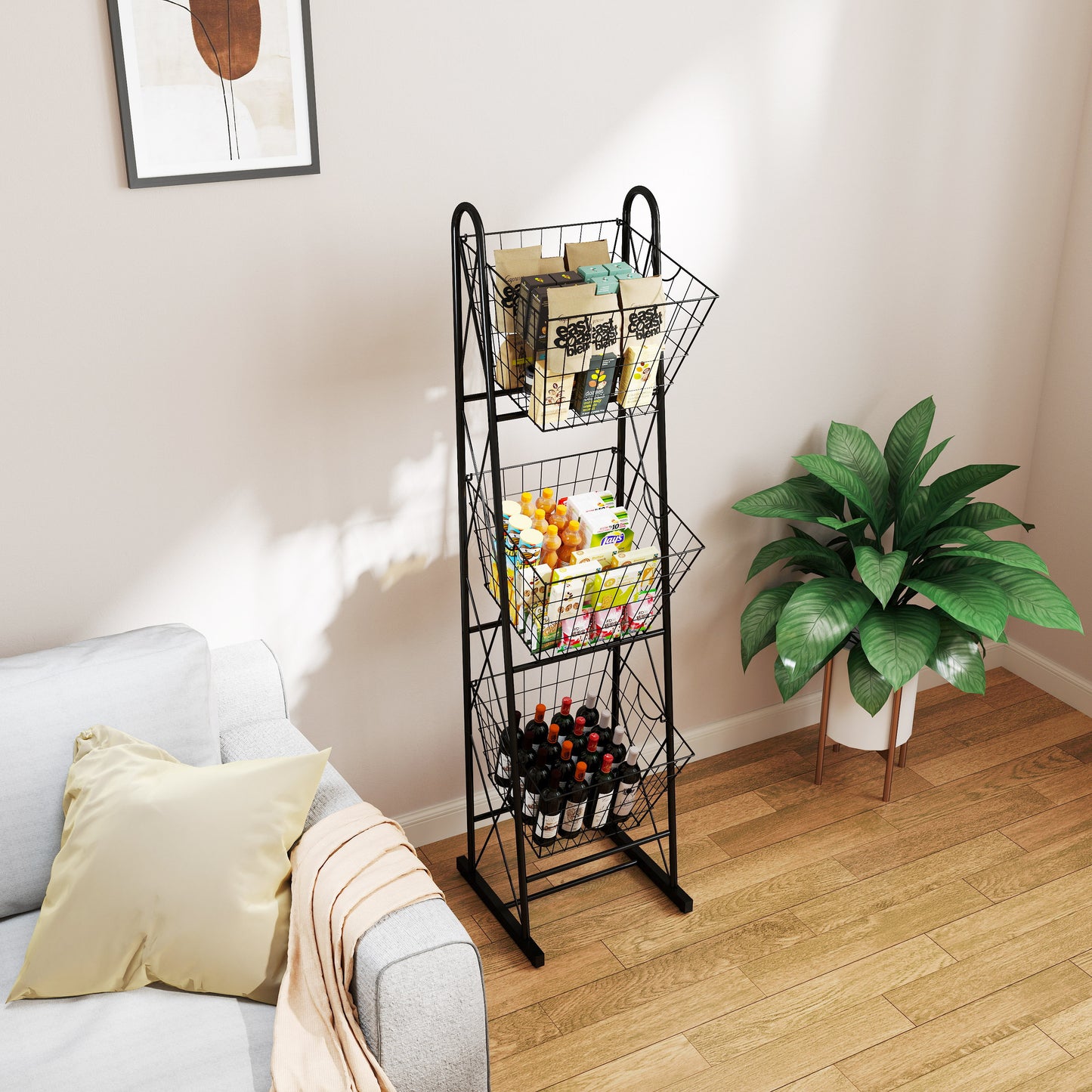 Black metal tier basket stand with coffee bags snacks and wine bottles