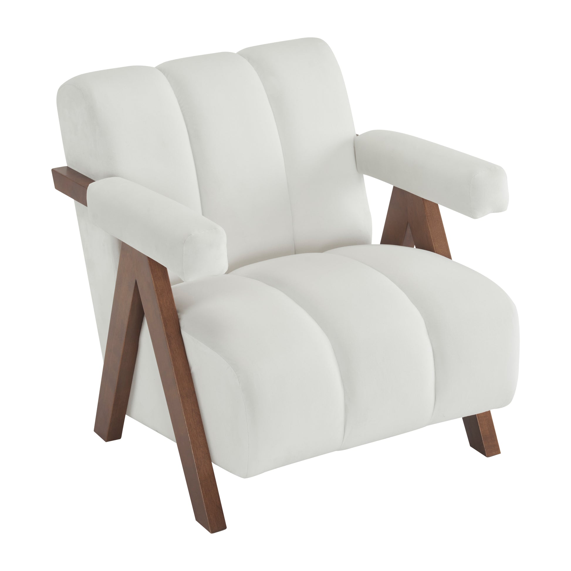 White velvet armchair with channel tufting and dark wood frame accents