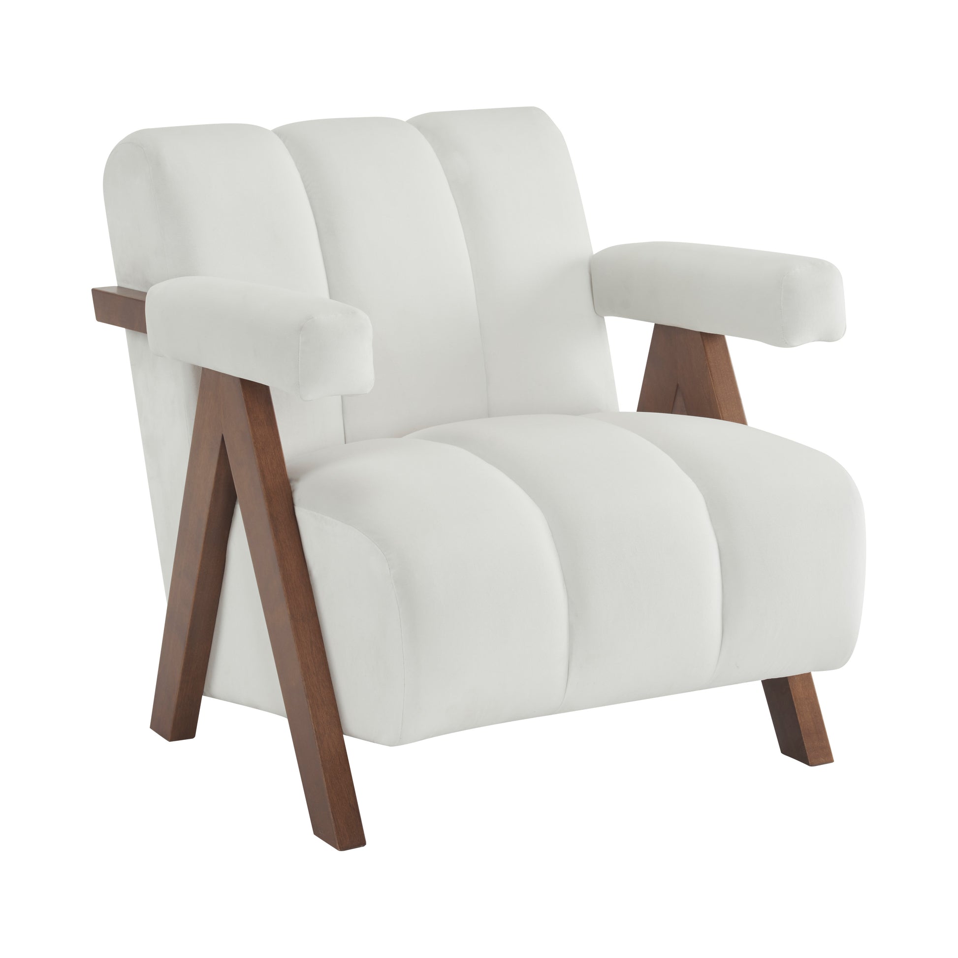 Plush white velvet accent chair with dark wood frame featuring channel tufting and curved arms