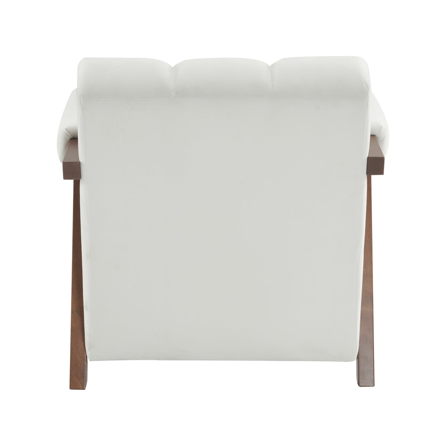 Back view of a plush white armchair with dark wood frame clean modern armchair