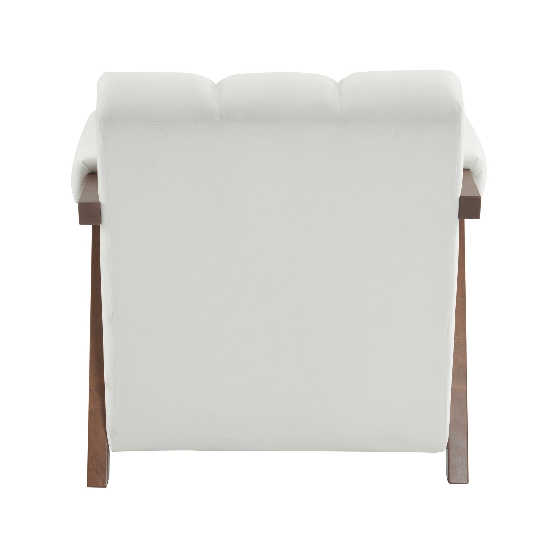 Back view of a plush white armchair with dark wood frame clean modern armchair