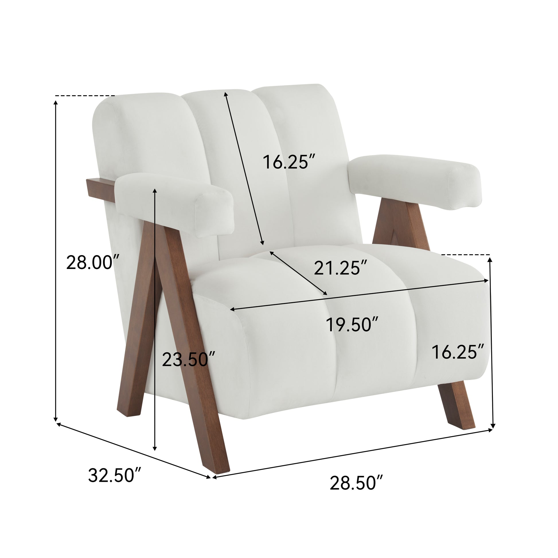 Plush white accent chair with wooden legs and armrests measuring  H x  W