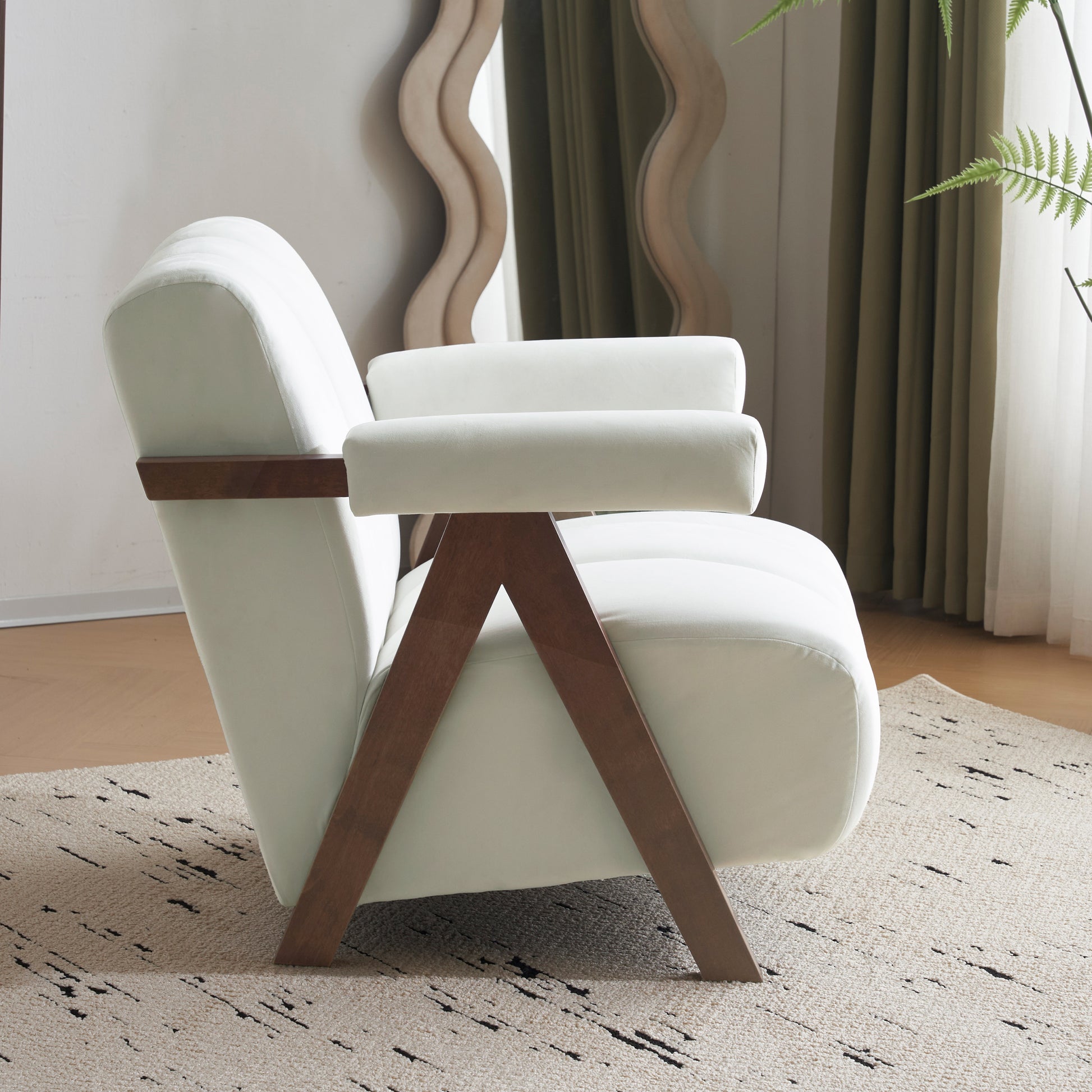 Cream velvet accent chair with walnut wood frame and arms