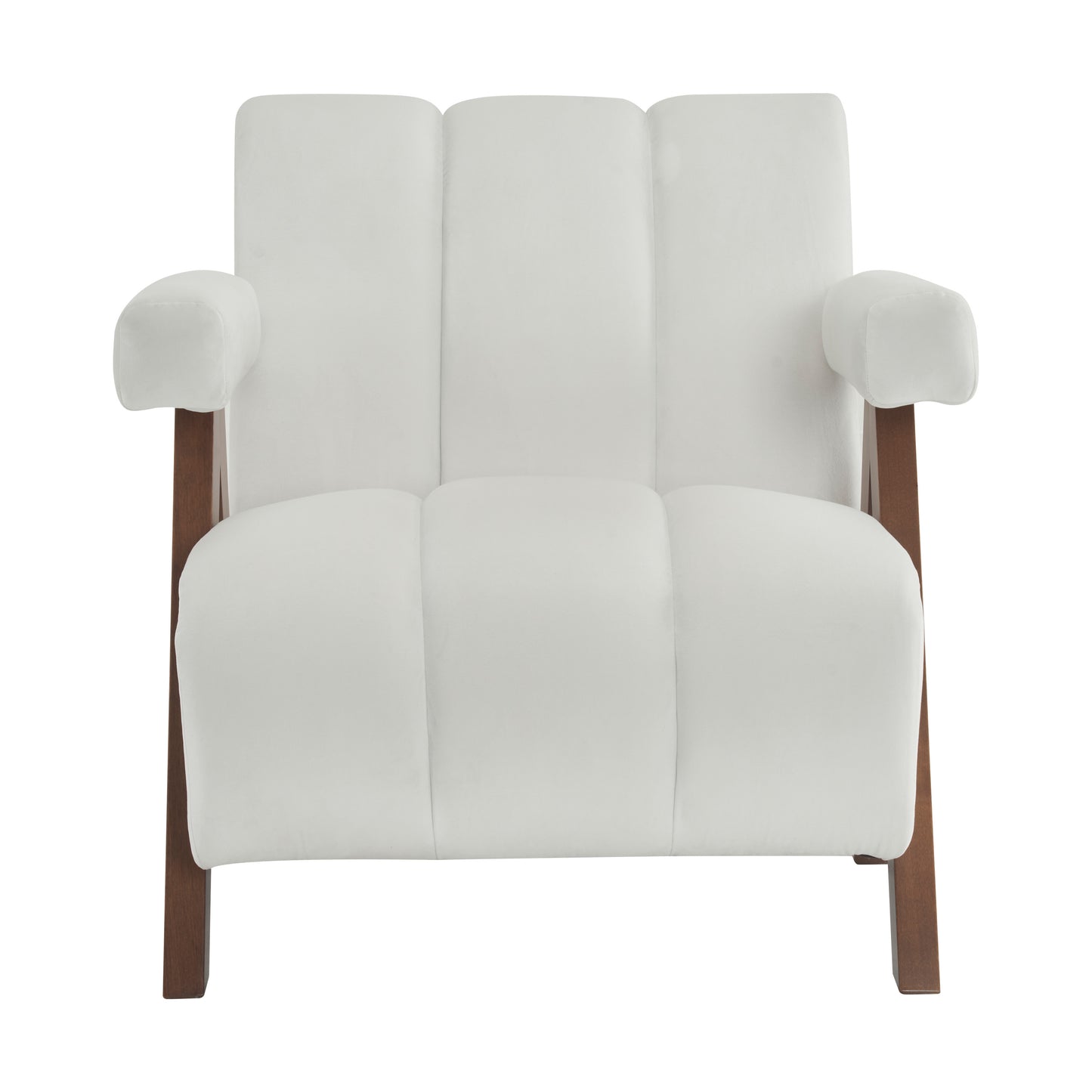 White upholstered accent chair with wooden legs