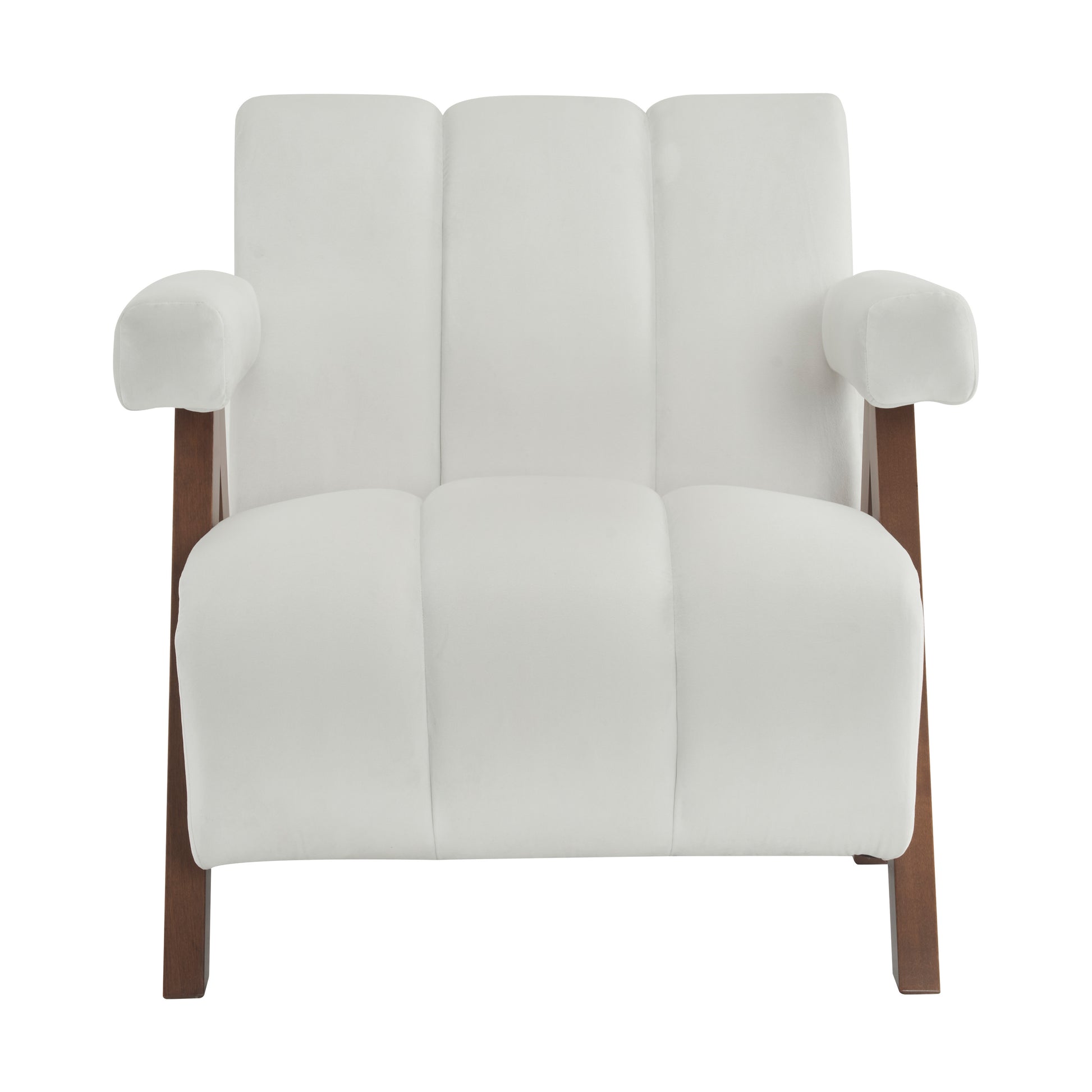 White upholstered accent chair with wooden legs