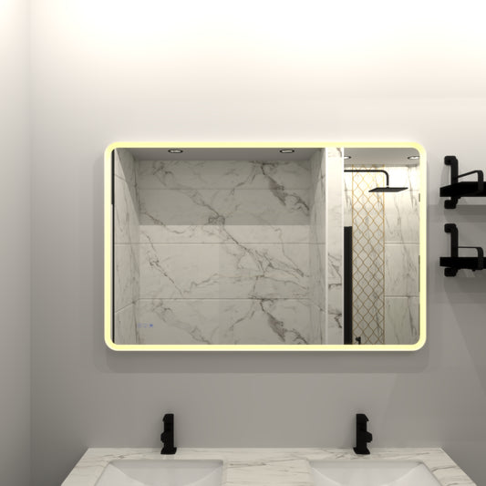 Rectangular LED bathroom mirror with integrated lighting and marble accent