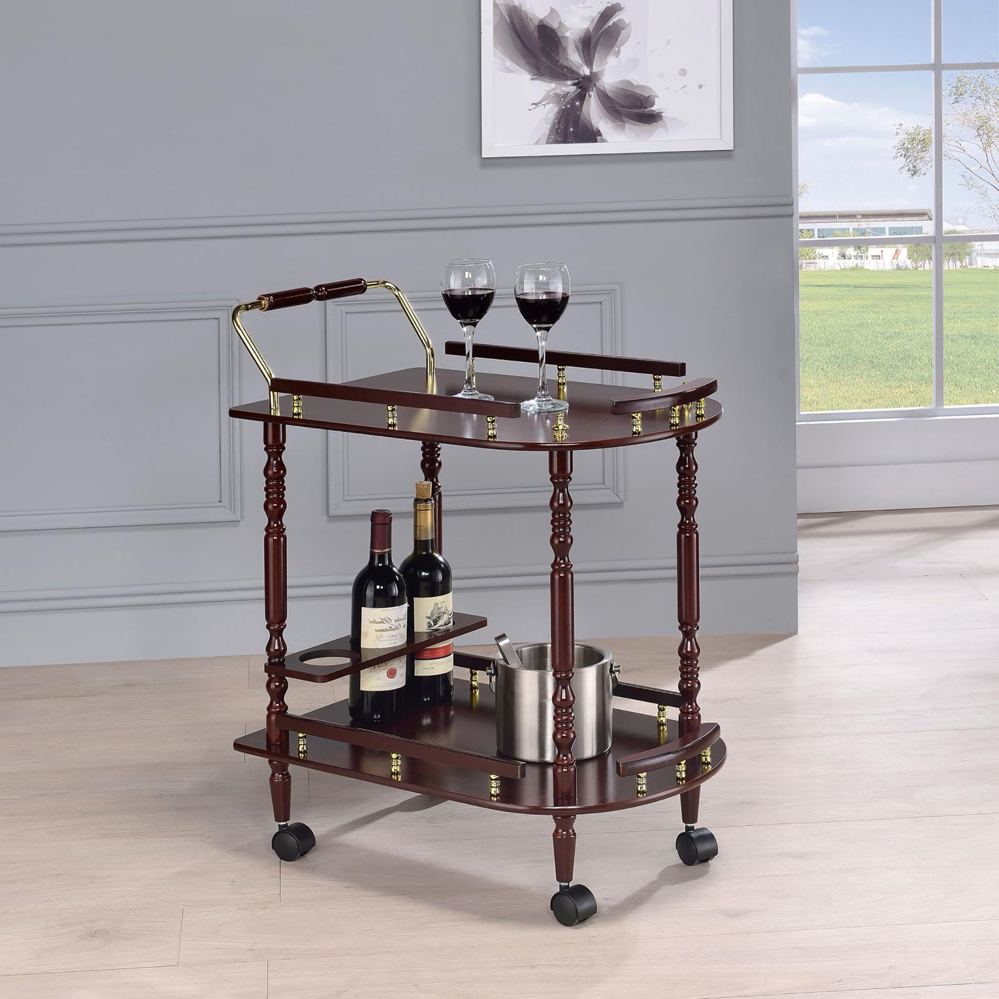 Elegant wooden bar cart with two shelves holding wine bottles and glasses