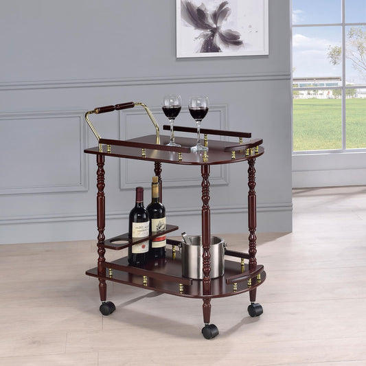 Elegant wooden bar cart with two shelves holding wine bottles and glasses