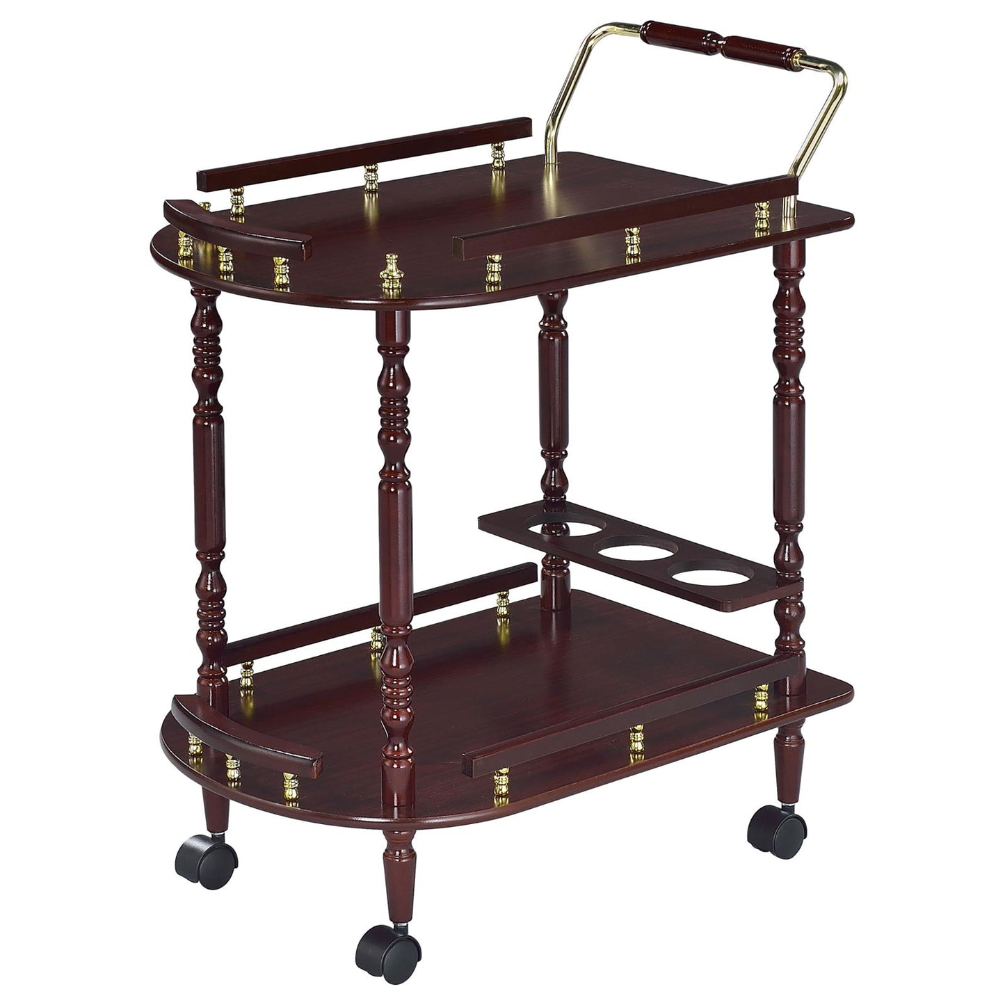 Mahogany serving cart with brass accents and bottle holders