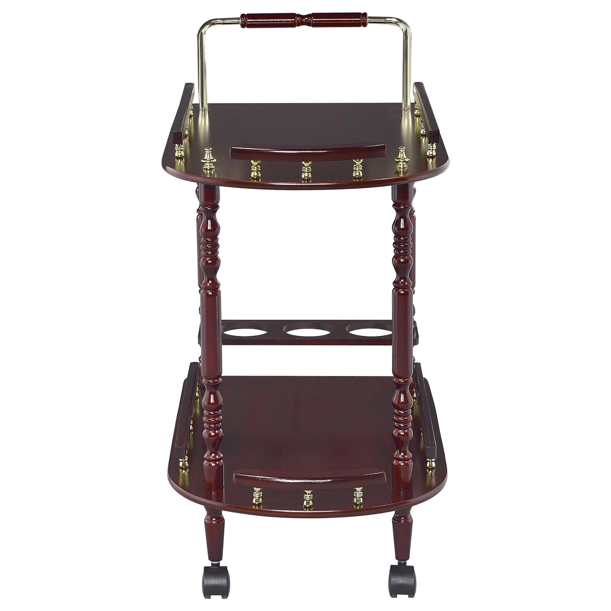 Dark cherry wood bar cart with brass accents and bottle holders