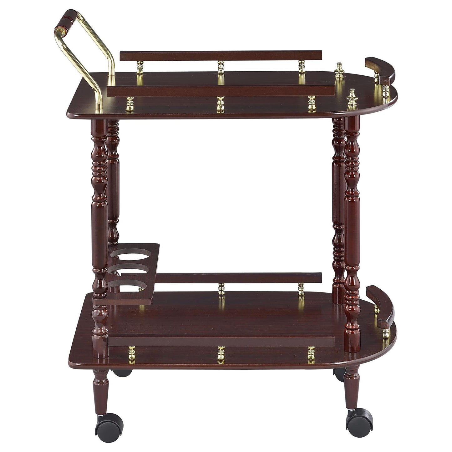 Dark wood bar cart with two shelves and brass accents
