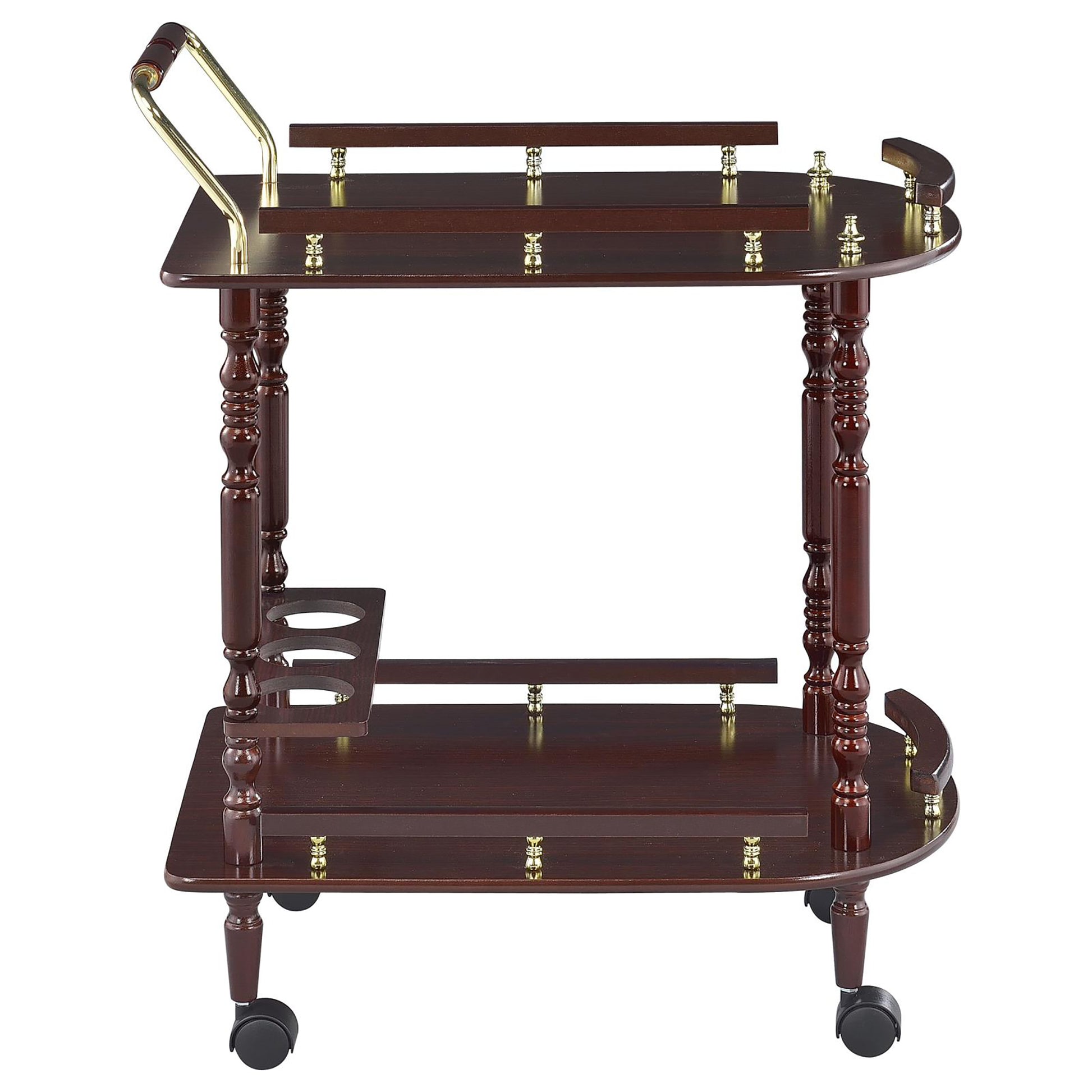 Dark wood bar cart with two shelves and brass accents