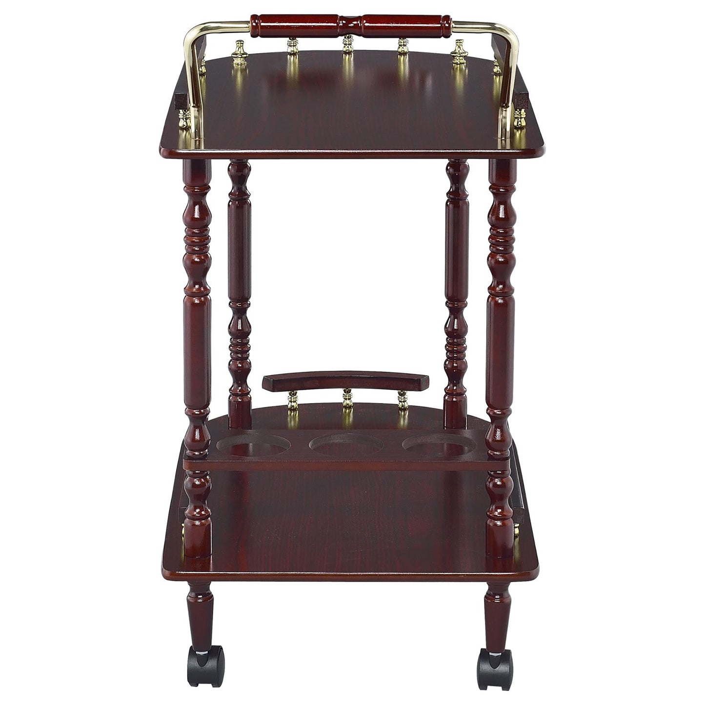 Dark wood twotier serving trolley with brass accents and a bottle holder