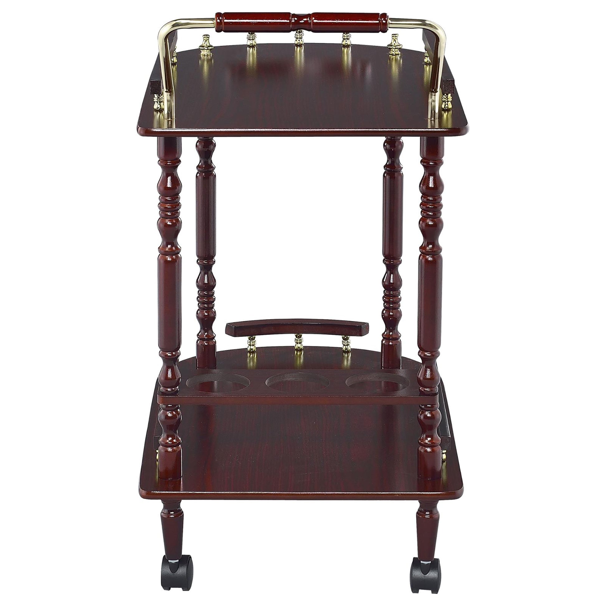 Dark wood twotier serving trolley with brass accents and a bottle holder