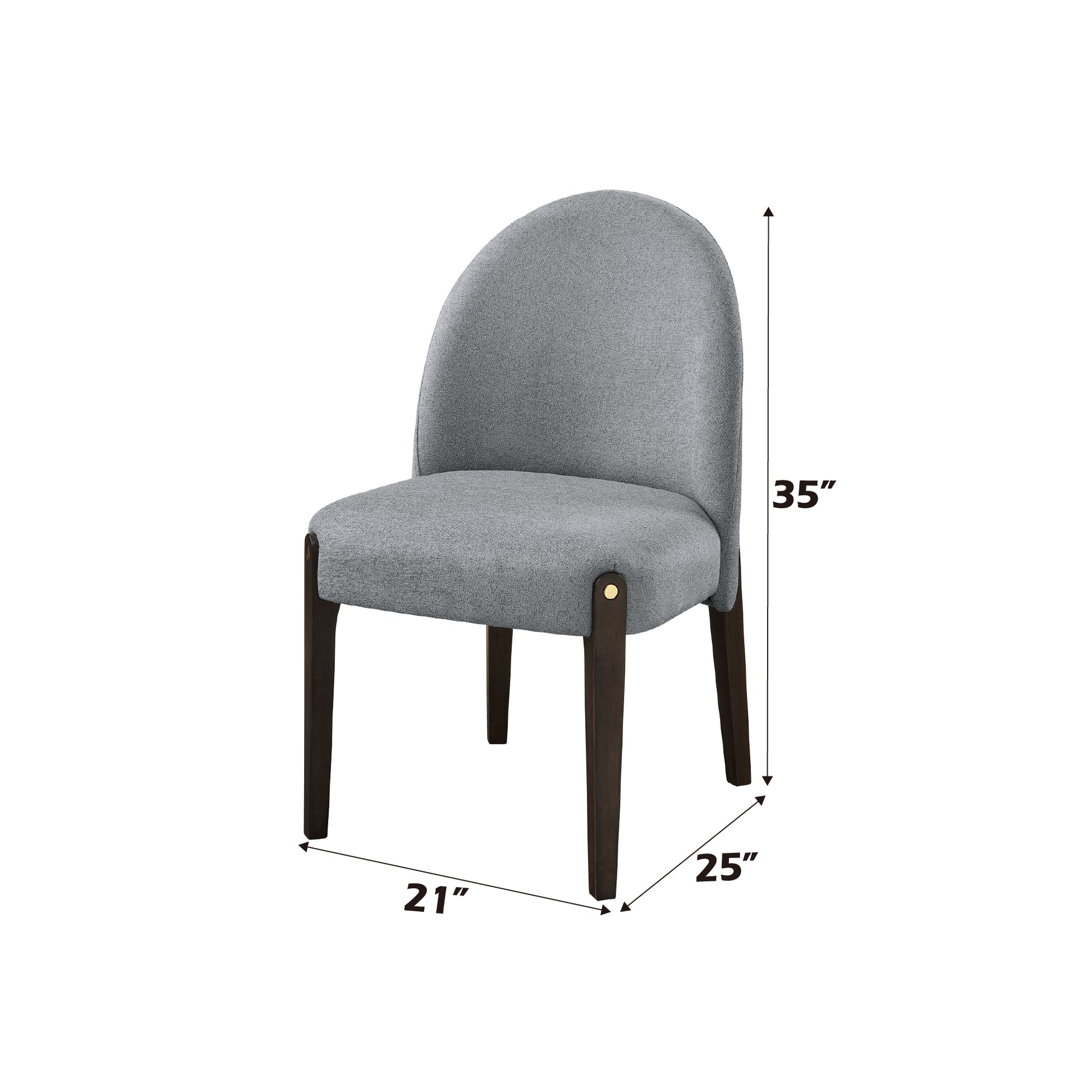 Elegant grey fabric dining chair with dark wood legs and gold accents perfect for modern homes
