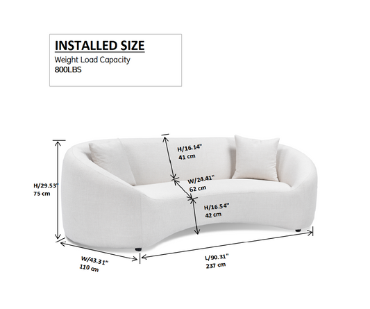 Curved white fabric sofa with modern design showing dimensions