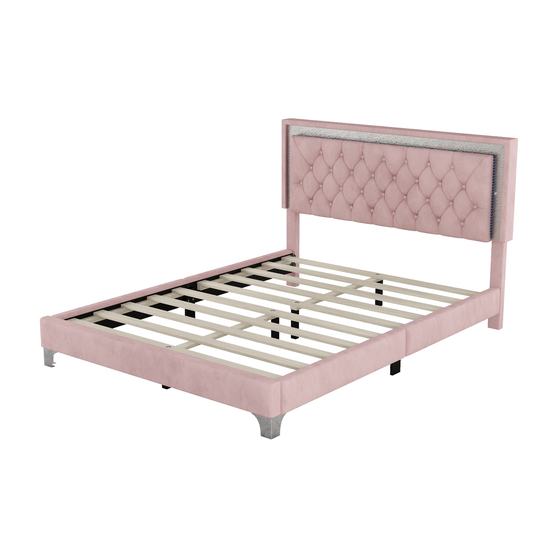 Pink velvet tufted bed frame with silver trim and wooden slats queen size bed