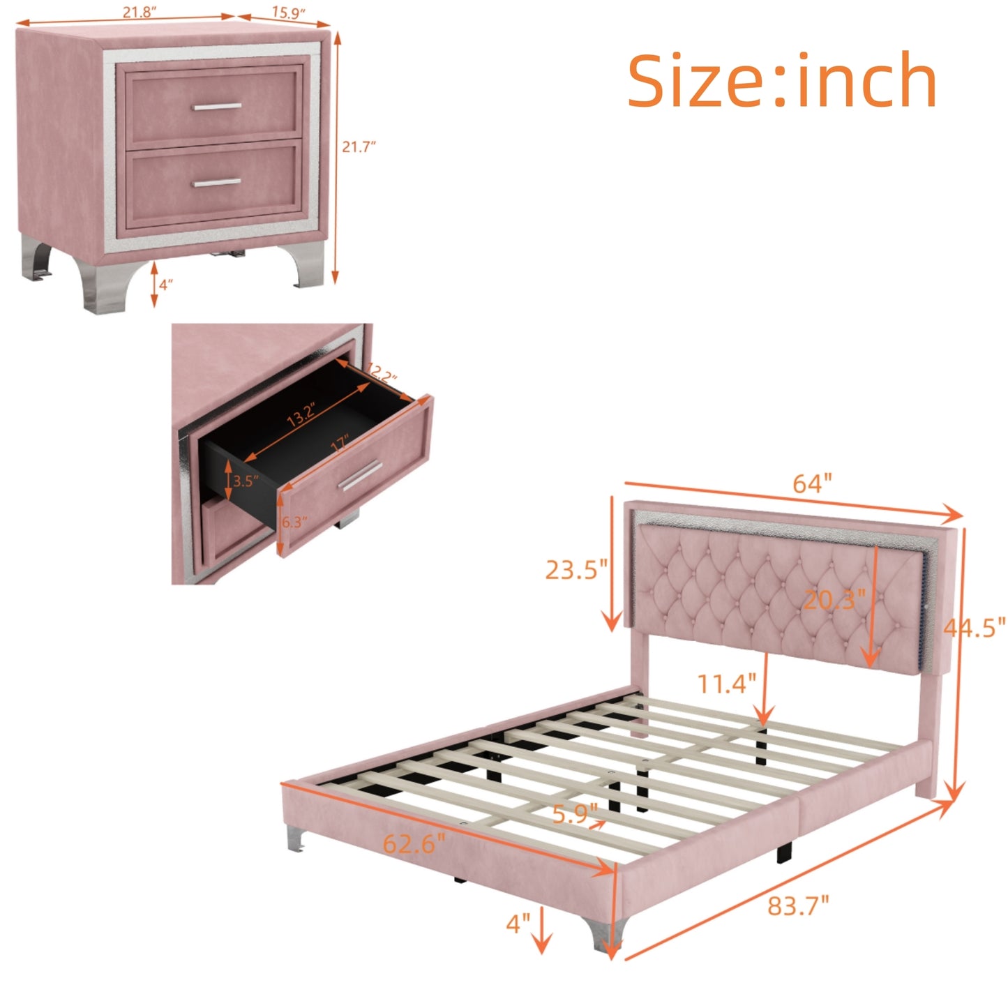 Pink velvet nightstand with two drawers and silver accents