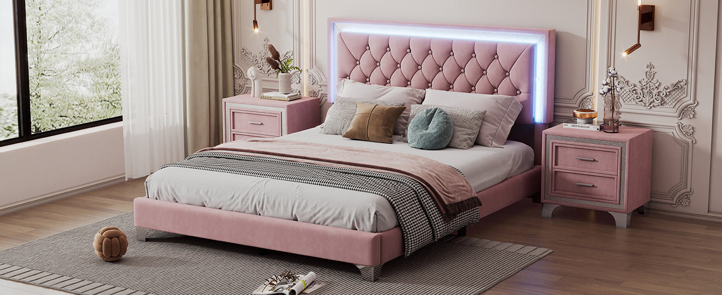 Pink velvet upholstered bed with tufted headboard and LED lights
