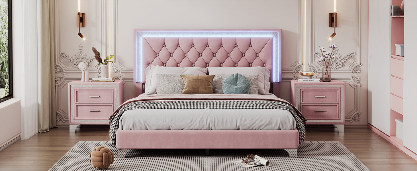 Pink velvet tufted queen bed with LED headboard and crystal trim nightstands