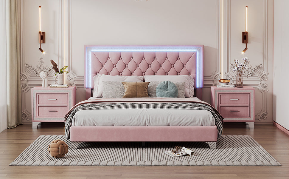 Pink velvet queen bed with tufted headboard and integrated LED lighting