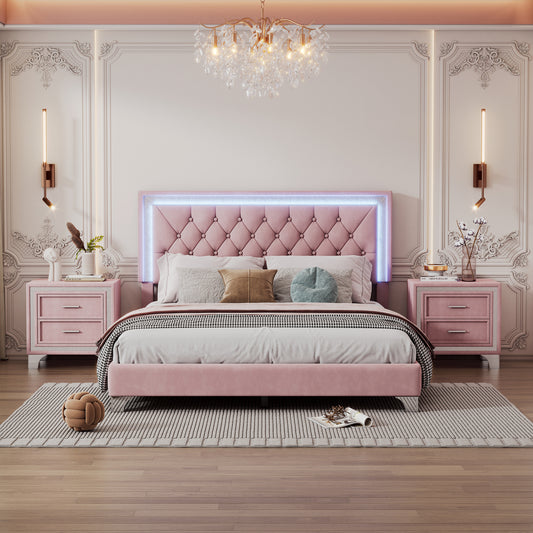 Pink velvet tufted bed with integrated LED light headboard and ornate wall panels