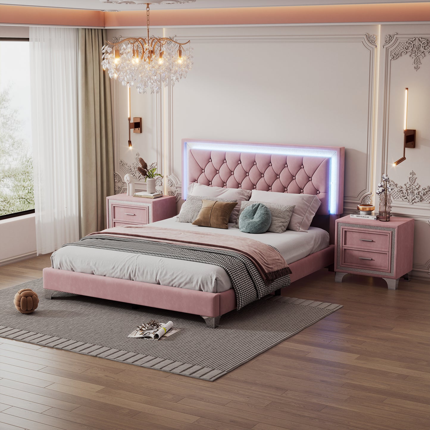 Pink velvet tufted bed with integrated LED headboard lighting luxury bedroom furniture