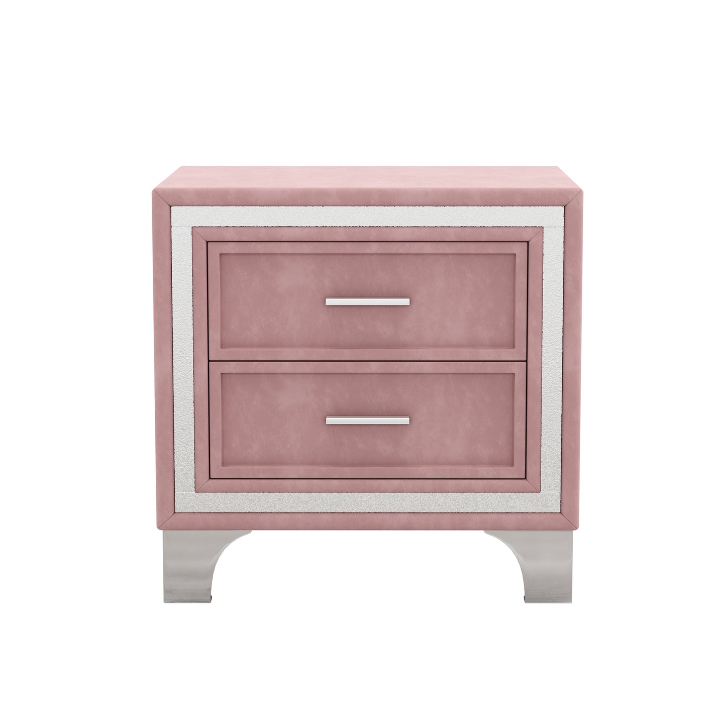 Rose velvet nightstand with silver trim and two drawers for bedroom storage