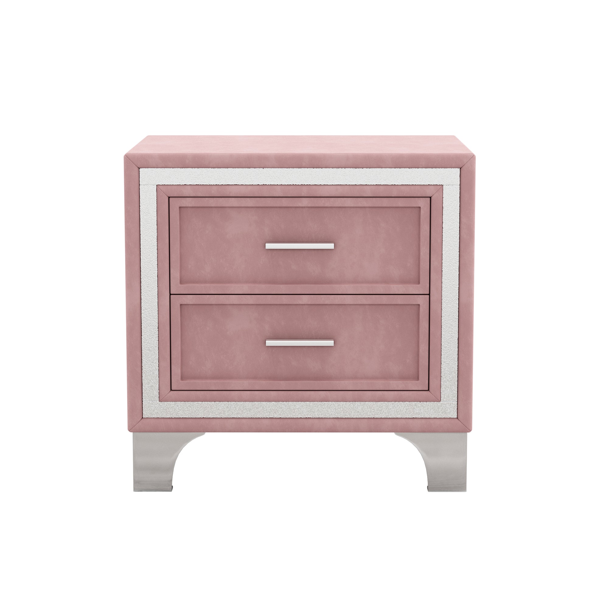 Rose velvet nightstand with silver trim and two drawers for bedroom storage
