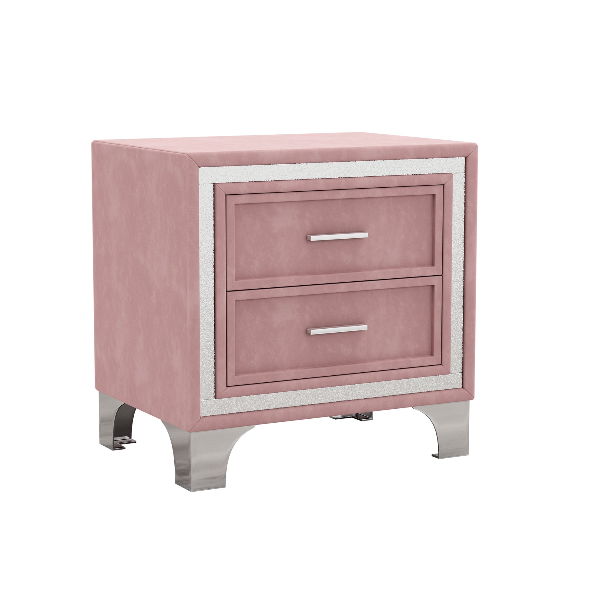 Soft pink velvet nightstand with silver trim and two drawers