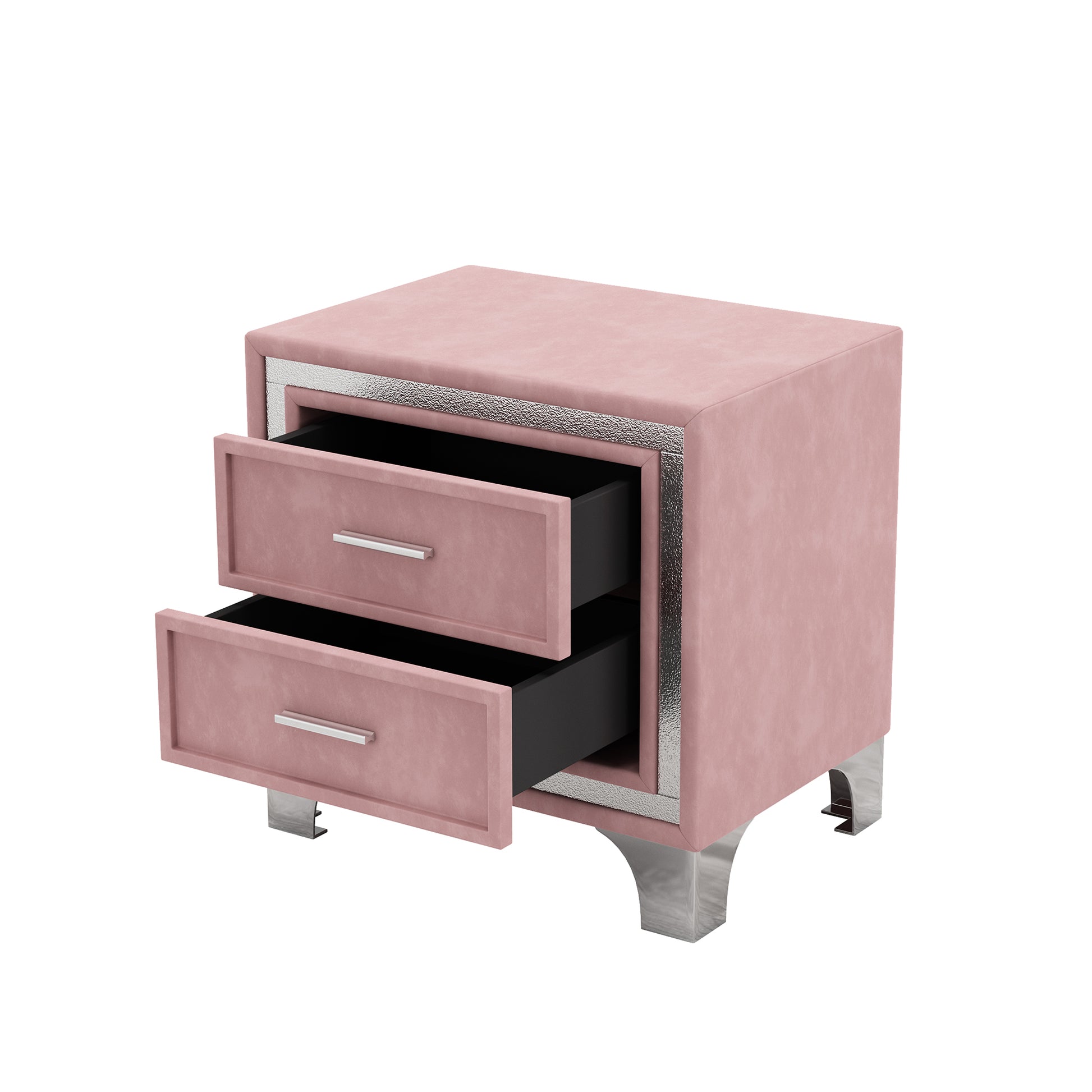 Pink velvet twodrawer nightstand with silver trim and chrome legs