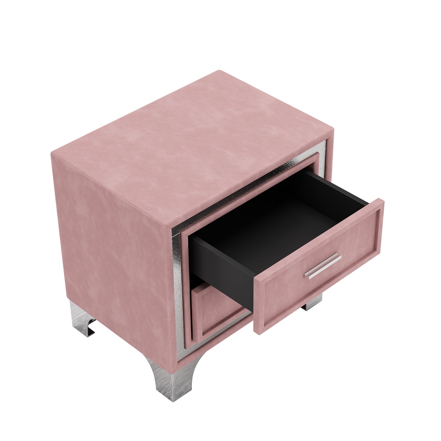 Pink velvet bedside table with one open drawer and silver accents