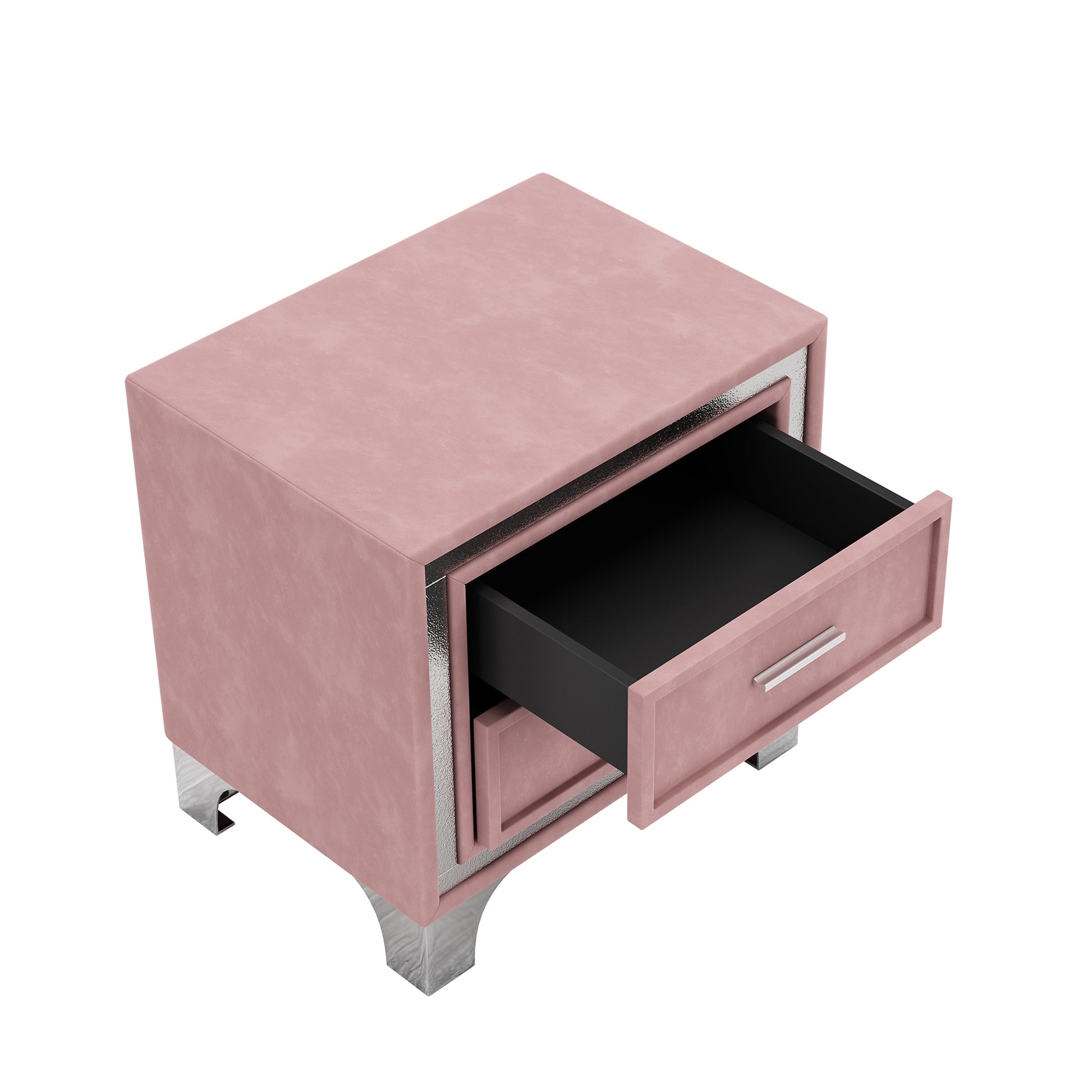 Pink velvet bedside table with one open drawer and silver accents