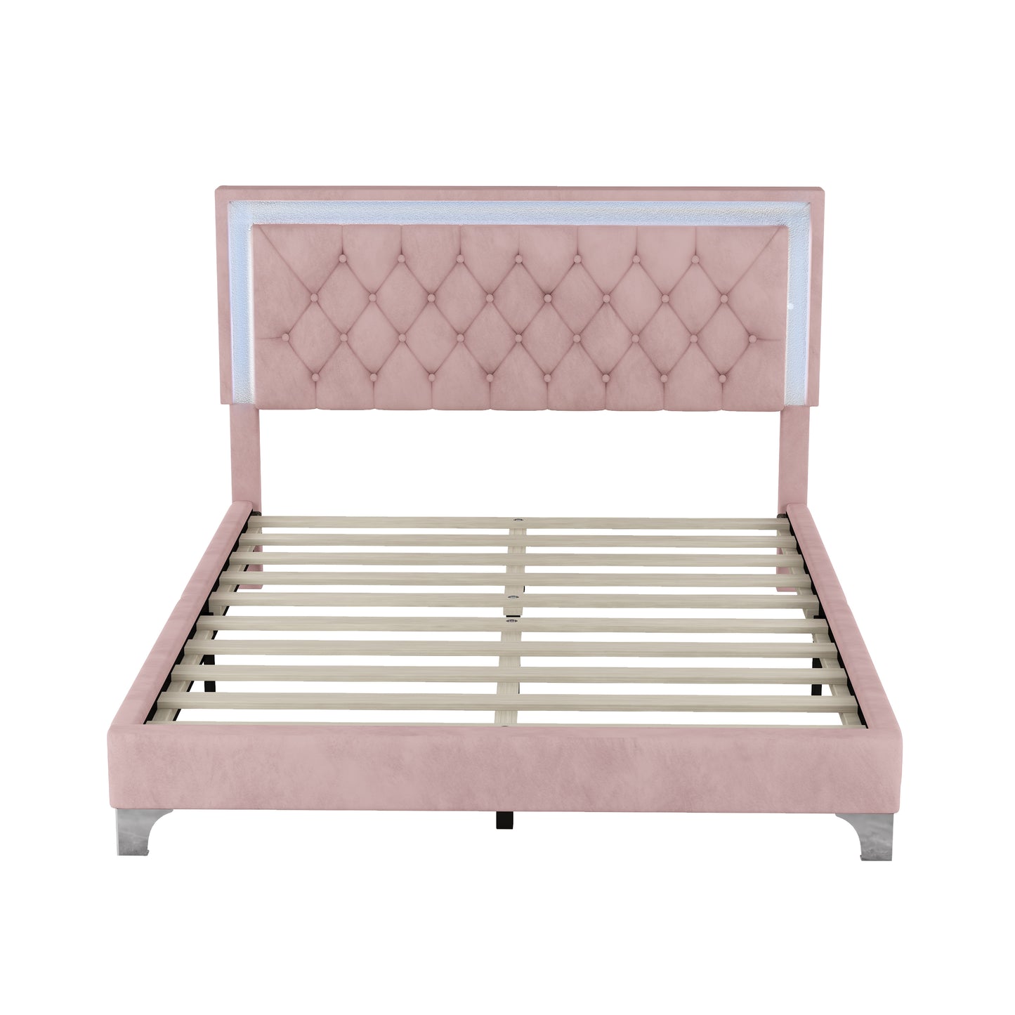 Pink velvet upholstered bed frame with diamond tufting and LED headboard