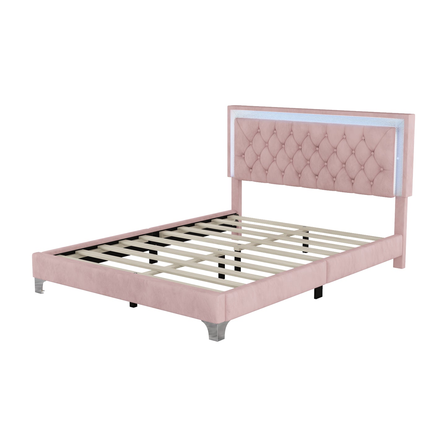 Pink velvet tufted bed frame with LED headboard and metal legs