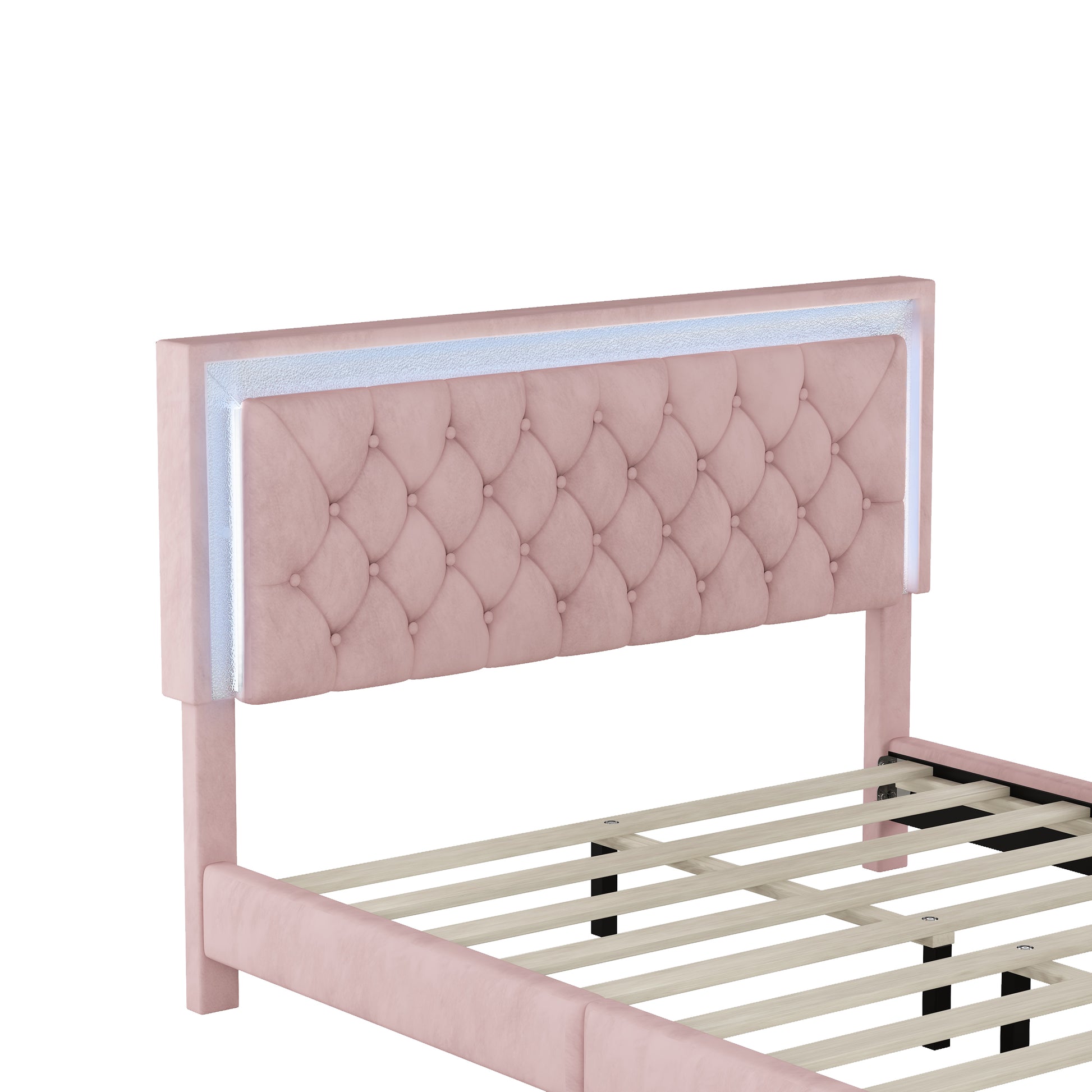 Pink velvet bed frame with tufted headboard and integrated LED lighting