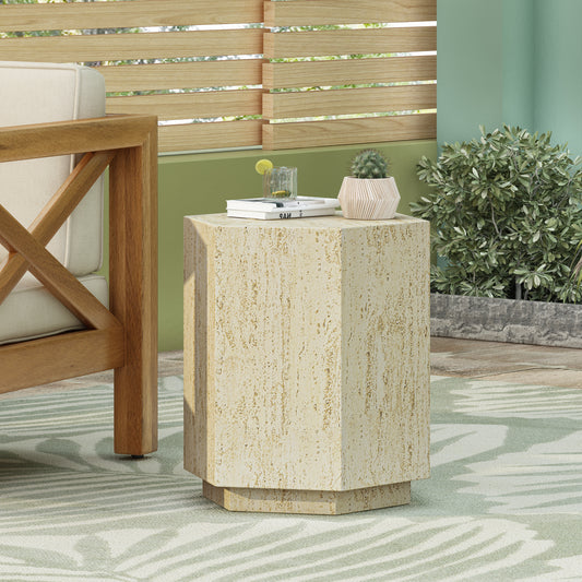 Octagonal beige travertine end table with textured finish perfect for outdoor patio spaces