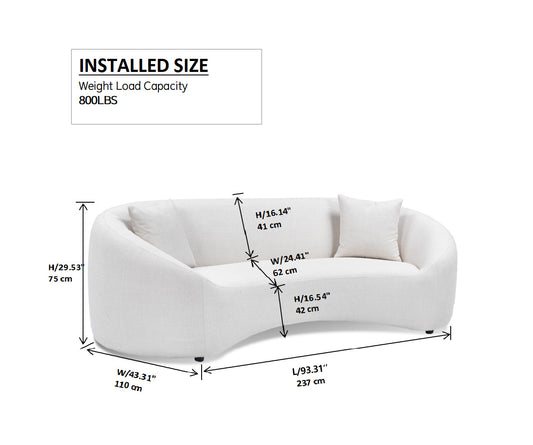 Modern white boucle curved sofa with dimensions and  LBS weight capacity
