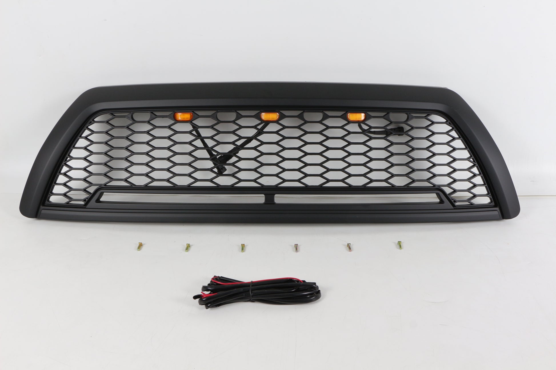 Black honeycomb front grille with amber LED lights and wire harness for Dodge Ram