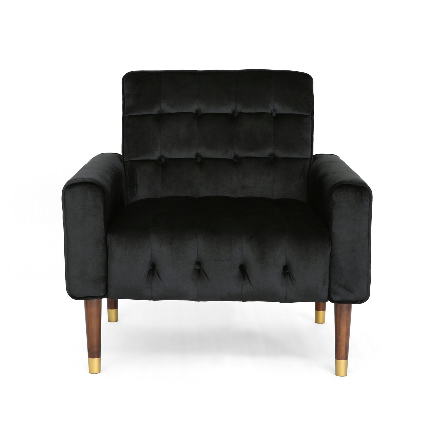 Black velvet armchair with tufted back and goldtipped wooden legs