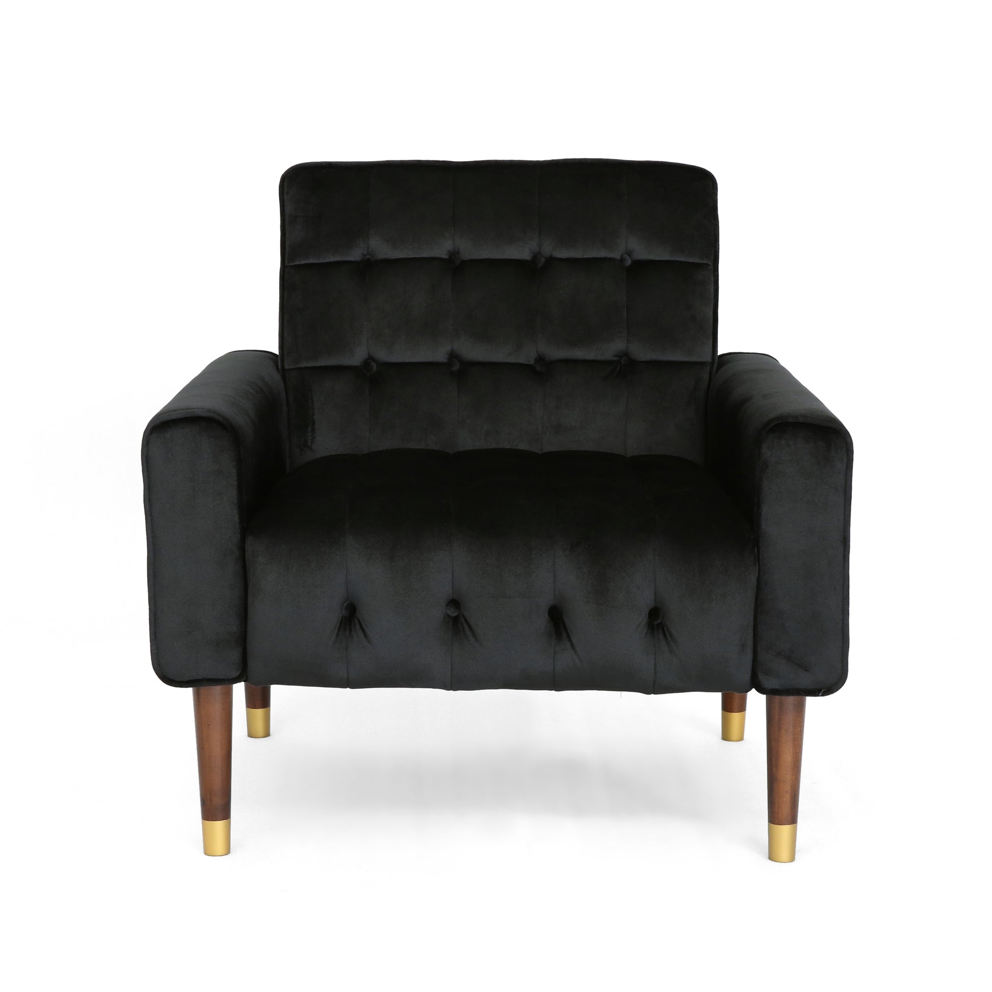 Black velvet armchair with tufted back and goldtipped wooden legs